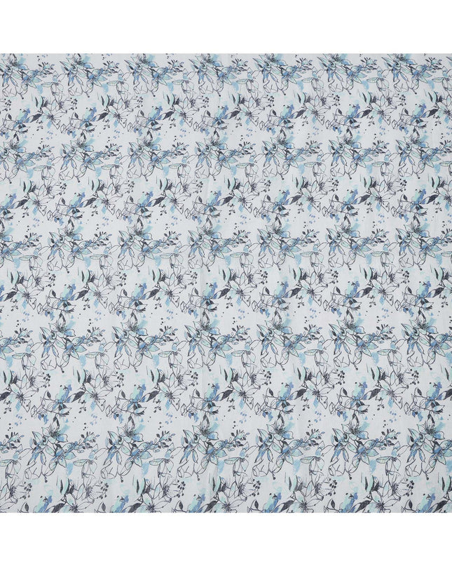 White and Blue Leaf Printed Blended Cotton Linen Fabric, 110 Cms Width, India-D25168