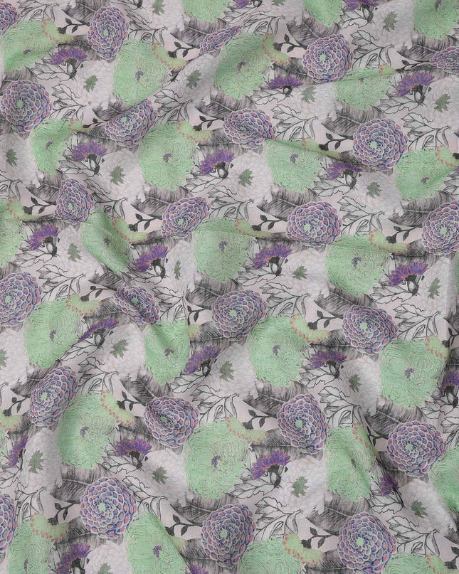 Grey Linen Floral Printed Fabric with Green and Purple Bloom Design, 110 Cms Width, Made in India-D25089