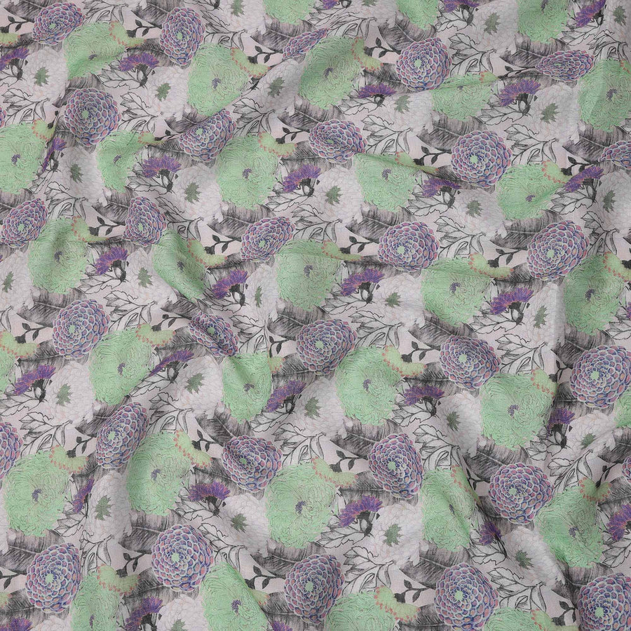 قماش كتان رمادي مطبوع عليه زهور بتصميم أزهار خضراء وأرجوانية، عرض 110 سم، صنع في الهند - D25089