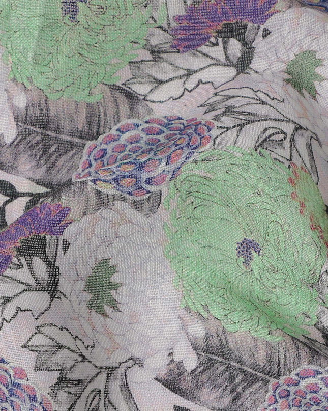 Grey Linen Floral Printed Fabric with Green and Purple Bloom Design, 110 Cms Width, Made in India-D25089