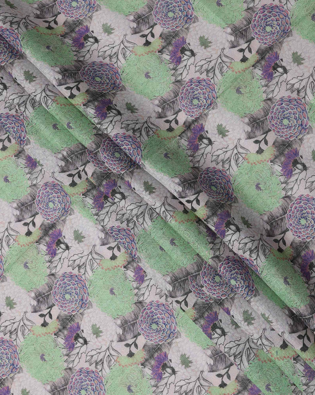 Grey Linen Floral Printed Fabric with Green and Purple Bloom Design, 110 Cms Width, Made in India-D25089