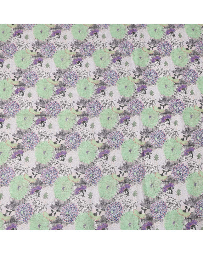 Grey Linen Floral Printed Fabric with Green and Purple Bloom Design, 110 Cms Width, Made in India-D25089