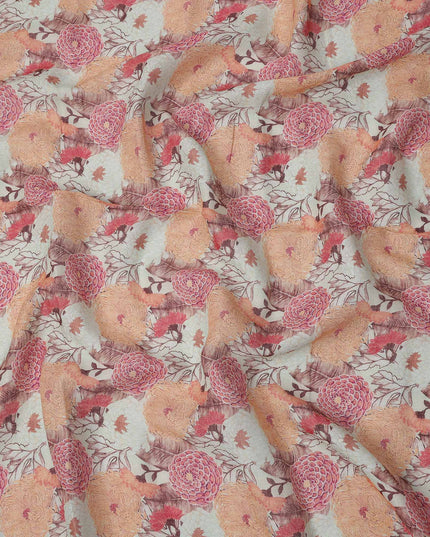 قماش كتان بيج مطبوع عليه زهور بتصميم زهور الخوخ والأحمر متعدد الألوان، عرض 110 سم، صنع في الهند - D25088