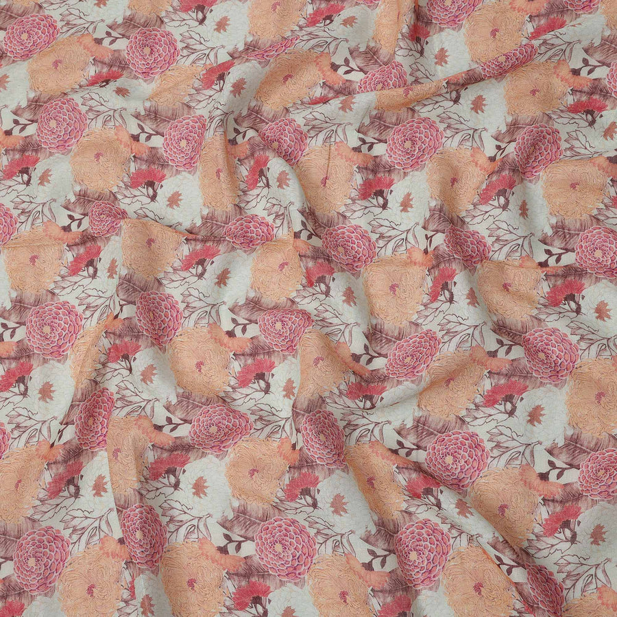 قماش كتان بيج مطبوع عليه زهور بتصميم زهور الخوخ والأحمر متعدد الألوان، عرض 110 سم، صنع في الهند - D25088