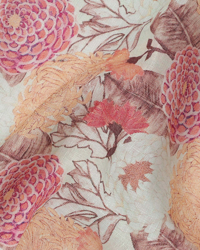 Beige Linen Floral Printed Fabric with Multicolor Peach and Red Bloom Design, 110 Cms Width, Made in India-D25088