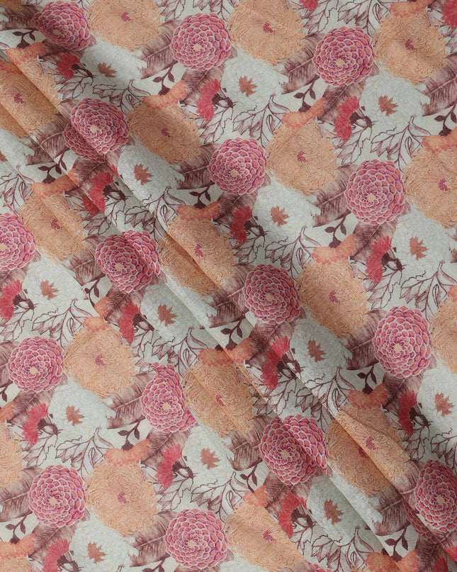 Beige Linen Floral Printed Fabric with Multicolor Peach and Red Bloom Design, 110 Cms Width, Made in India-D25088