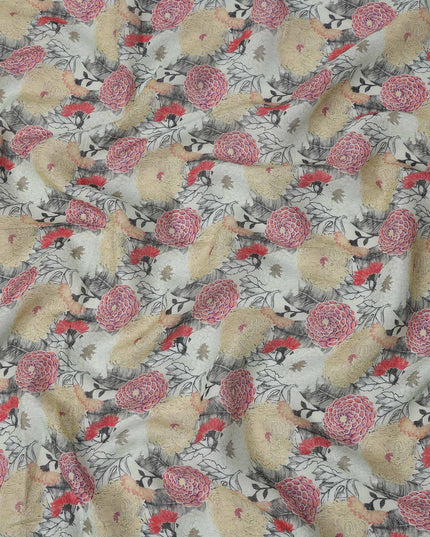 قماش كتان رمادي مطبوع عليه زهور متعددة الألوان، أصفر وأحمر، عرض 140 سم، صنع في الهند - D25090