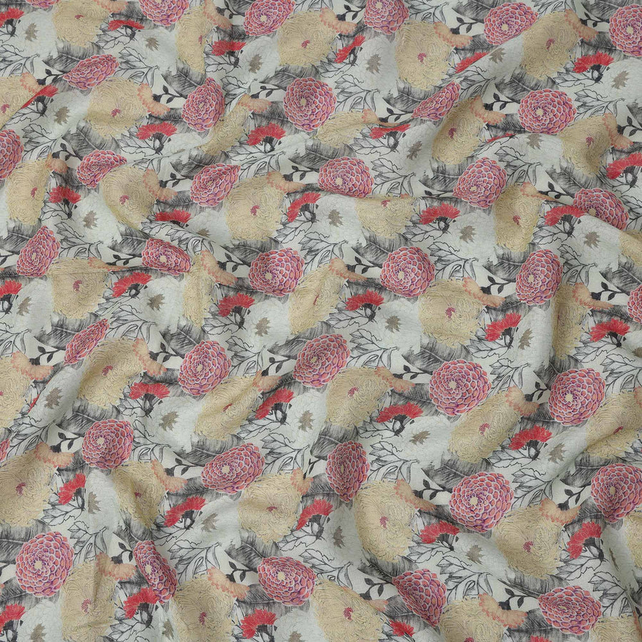 قماش كتان رمادي مطبوع عليه زهور متعددة الألوان، أصفر وأحمر، عرض 140 سم، صنع في الهند - D25090
