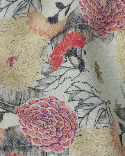قماش كتان رمادي مطبوع عليه زهور متعددة الألوان، أصفر وأحمر، عرض 140 سم، صنع في الهند - D25090