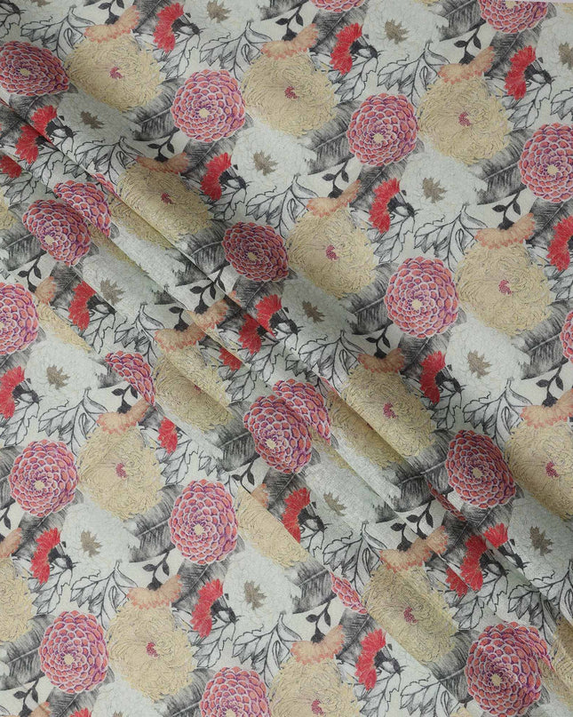 Grey Linen Floral Printed Fabric with Multicolor Yellow and Red Bloom Design, 140 cms Width, Made in India-D25090