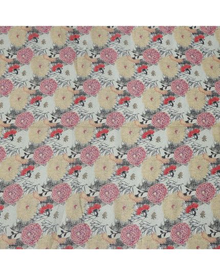 قماش كتان رمادي مطبوع عليه زهور متعددة الألوان، أصفر وأحمر، عرض 140 سم، صنع في الهند - D25090