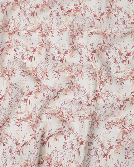 White and Red Leaf Printed Blended Cotton Linen Fabric, 110 Cms Width, India-D25167