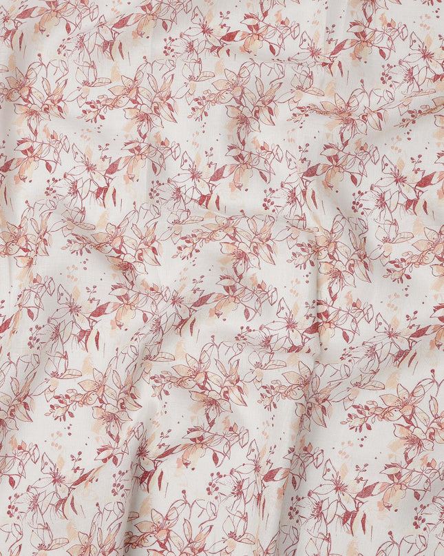 White and Red Leaf Printed Blended Cotton Linen Fabric, 110 Cms Width, India-D25167