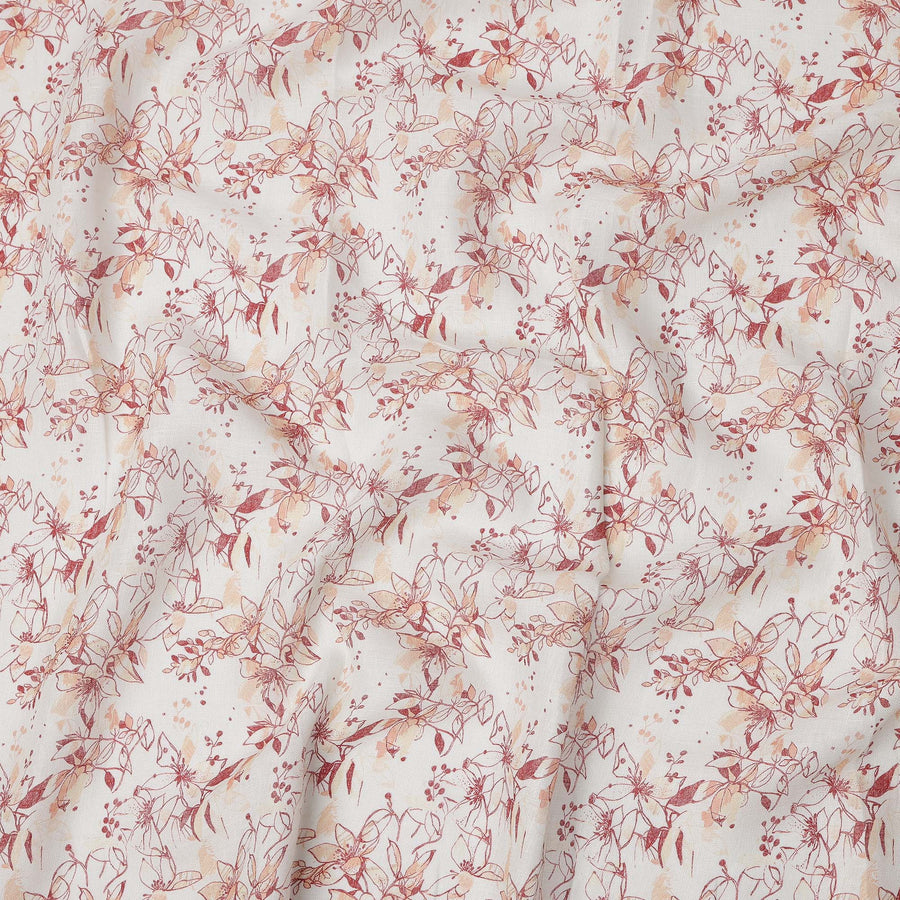 White and Red Leaf Printed Blended Cotton Linen Fabric, 110 Cms Width, India-D25167