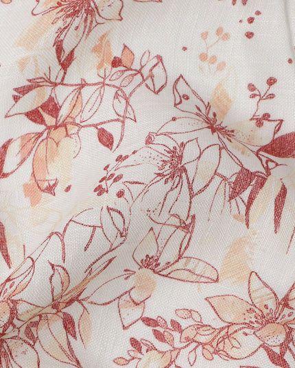 White and Red Leaf Printed Blended Cotton Linen Fabric, 110 Cms Width, India-D25167