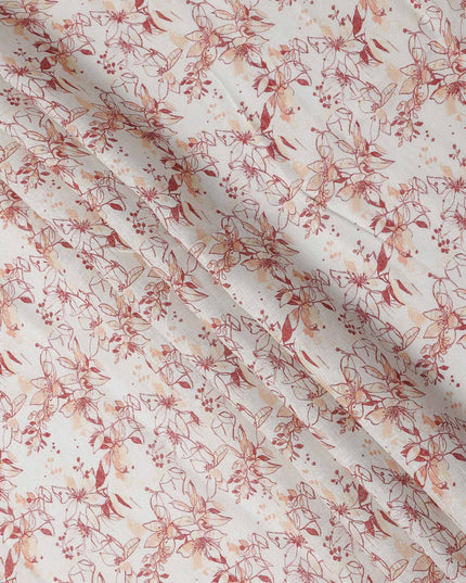 White and Red Leaf Printed Blended Cotton Linen Fabric, 110 Cms Width, India-D25167