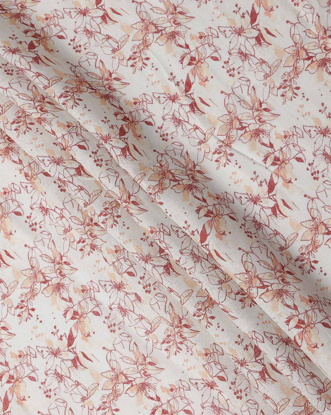White and Red Leaf Printed Blended Cotton Linen Fabric, 110 Cms Width, India-D25167