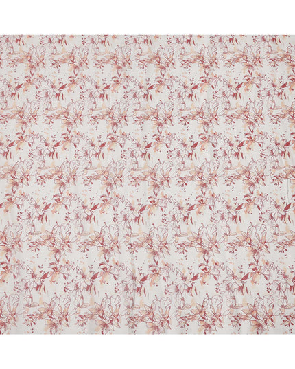 White and Red Leaf Printed Blended Cotton Linen Fabric, 110 Cms Width, India-D25167