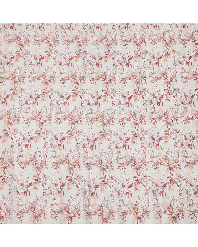 White and Red Leaf Printed Blended Cotton Linen Fabric, 110 Cms Width, India-D25167