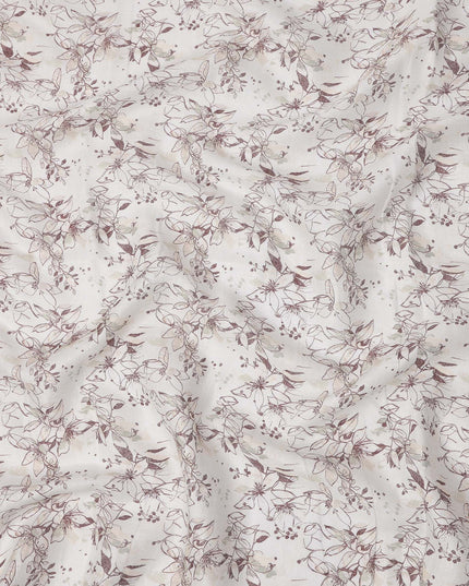 قماش كتان قطني مخلوط بطبعة أوراق بيضاء وبنية، عرض 110 سم، الهند - D25174