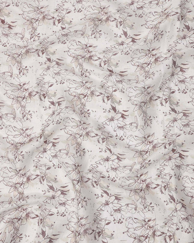 قماش كتان قطني مخلوط بطبعة أوراق بيضاء وبنية، عرض 110 سم، الهند - D25174