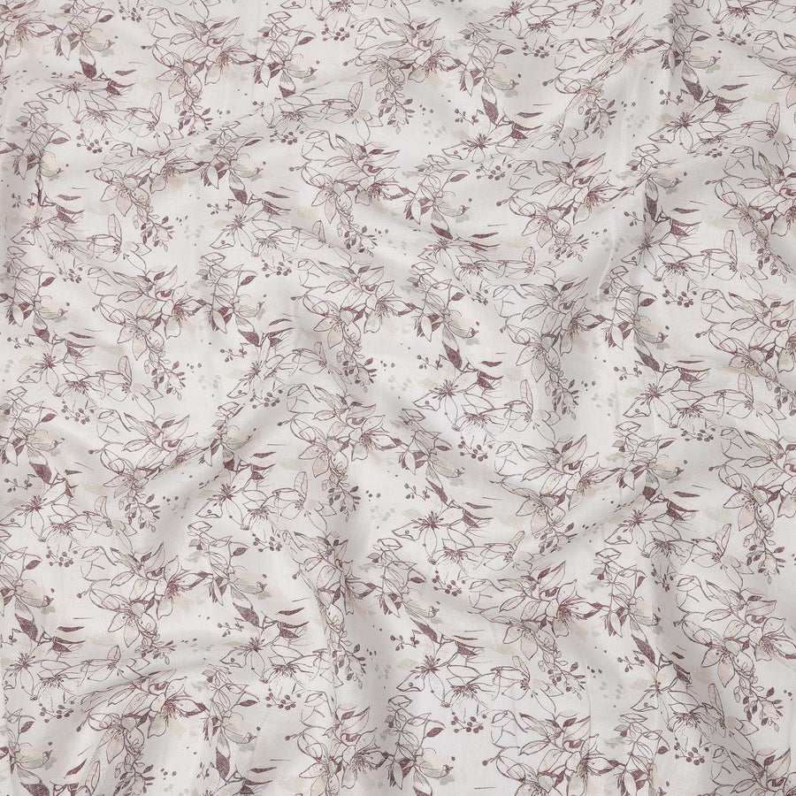 قماش كتان قطني مخلوط بطبعة أوراق بيضاء وبنية، عرض 110 سم، الهند - D25174