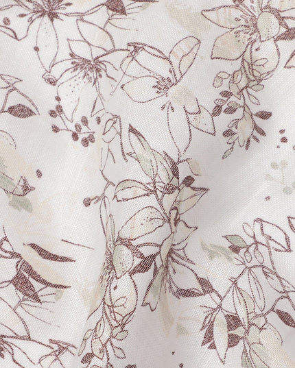 قماش كتان قطني مخلوط بطبعة أوراق بيضاء وبنية، عرض 110 سم، الهند - D25174