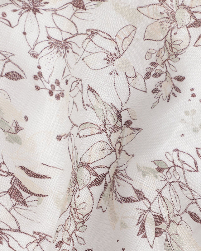 قماش كتان قطني مخلوط بطبعة أوراق بيضاء وبنية، عرض 110 سم، الهند - D25174