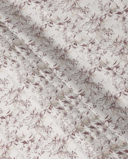 قماش كتان قطني مخلوط بطبعة أوراق بيضاء وبنية، عرض 110 سم، الهند - D25174