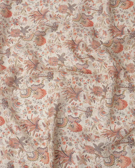Beige Multicolor Floral Kalamkari Print Blended Linen Fabric, 110 Cms Width, Made in India-D26173