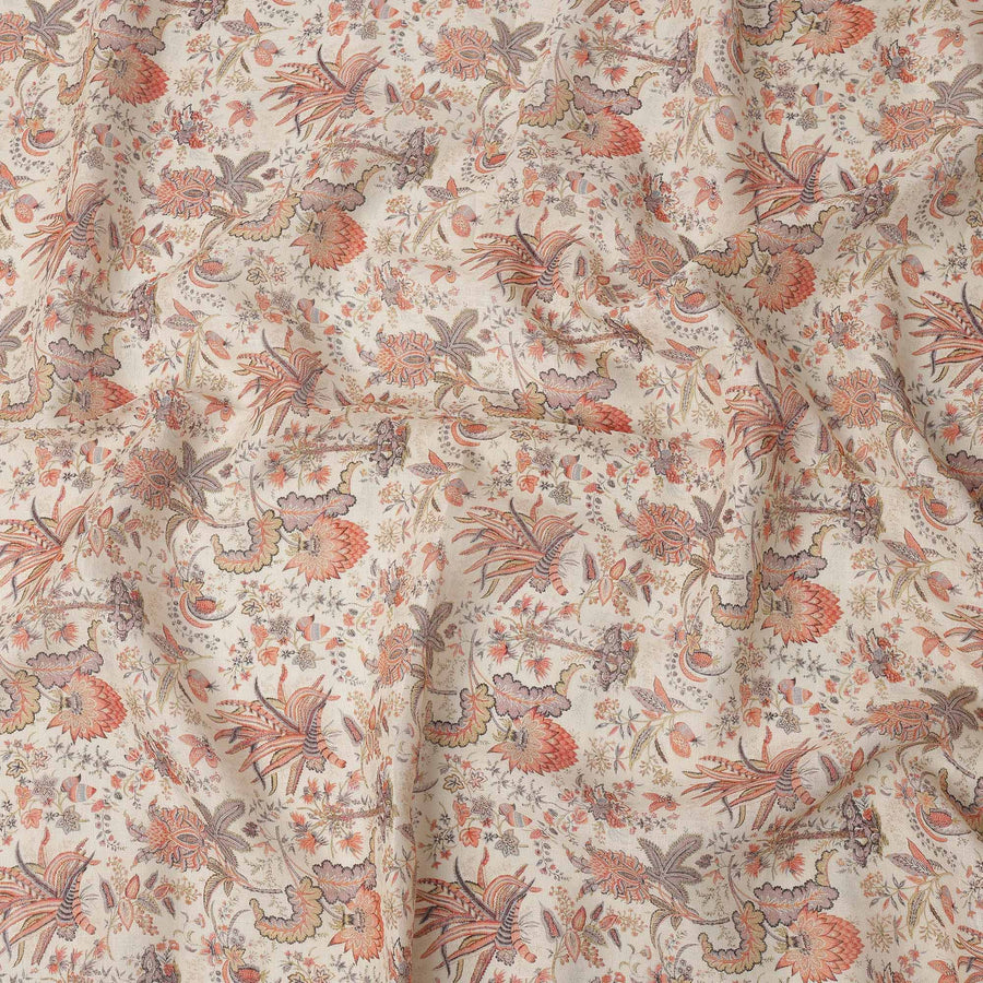 Beige Multicolor Floral Kalamkari Print Blended Linen Fabric, 110 Cms Width, Made in India-D26173