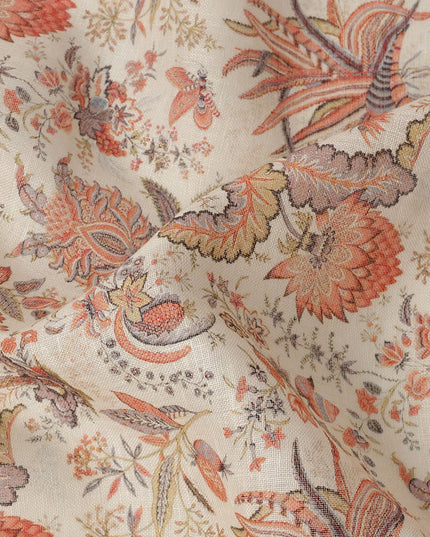 Beige Multicolor Floral Kalamkari Print Blended Linen Fabric, 110 Cms Width, Made in India-D26173