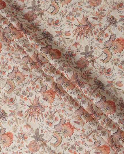 Beige Multicolor Floral Kalamkari Print Blended Linen Fabric, 110 Cms Width, Made in India-D26173