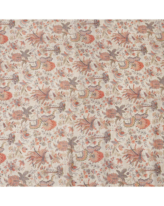 Beige Multicolor Floral Kalamkari Print Blended Linen Fabric, 110 Cms Width, Made in India-D26173