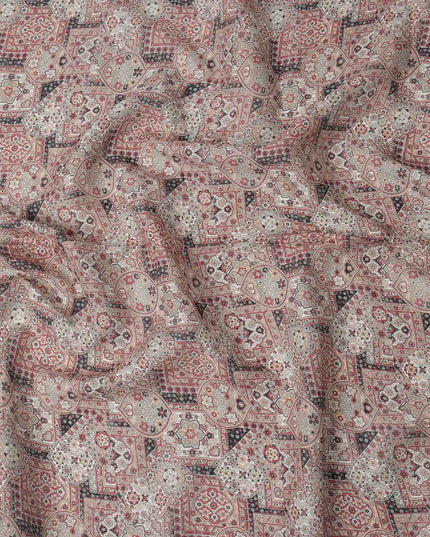 Beige Maroon Geometric Floral Ajrakh Print Blended Linen Fabric, 110 Cms Width, Made in India-D26179