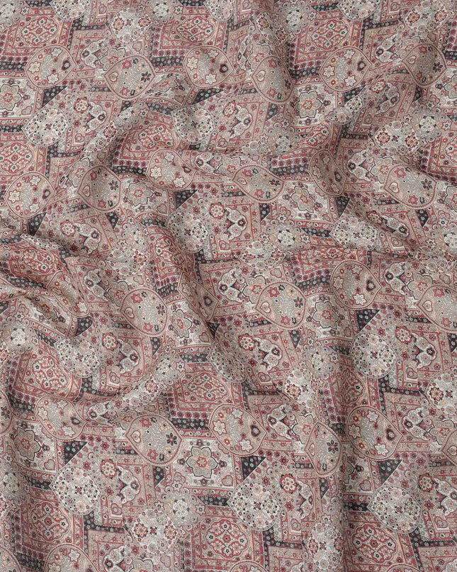 Beige Maroon Geometric Floral Ajrakh Print Blended Linen Fabric, 110 Cms Width, Made in India-D26179