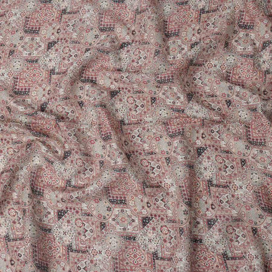 Beige Maroon Geometric Floral Ajrakh Print Blended Linen Fabric, 110 Cms Width, Made in India-D26179