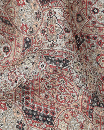 Beige Maroon Geometric Floral Ajrakh Print Blended Linen Fabric, 110 Cms Width, Made in India-D26179