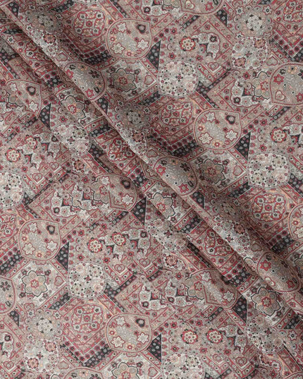 Beige Maroon Geometric Floral Ajrakh Print Blended Linen Fabric, 110 Cms Width, Made in India-D26179