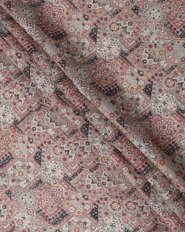 Beige Maroon Geometric Floral Ajrakh Print Blended Linen Fabric, 110 Cms Width, Made in India-D26179