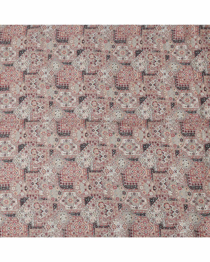 Beige Maroon Geometric Floral Ajrakh Print Blended Linen Fabric, 110 Cms Width, Made in India-D26179