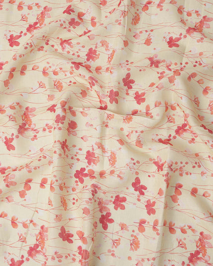 Cream Peach Floral Vine Watercolor Print Blended Linen Fabric, 110 Cms Width, Made in India-D26176