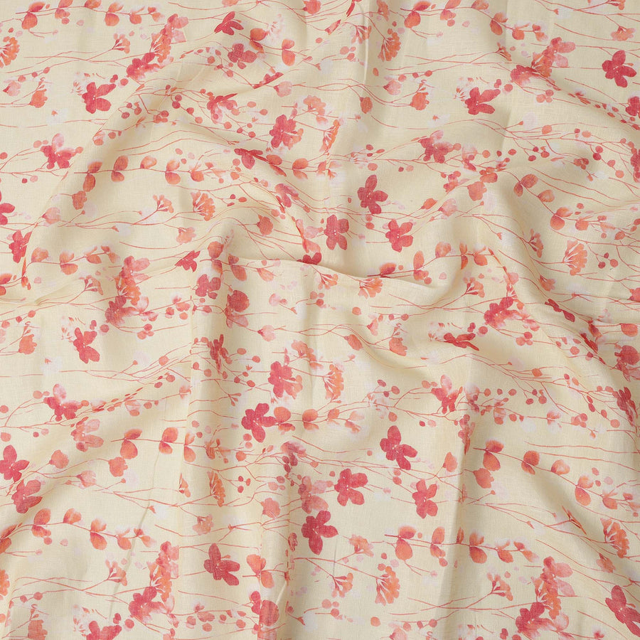 Cream Peach Floral Vine Watercolor Print Blended Linen Fabric, 110 Cms Width, Made in India-D26176