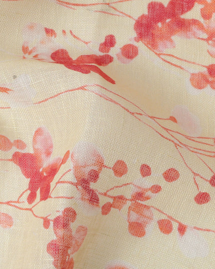 Cream Peach Floral Vine Watercolor Print Blended Linen Fabric, 110 Cms Width, Made in India-D26176
