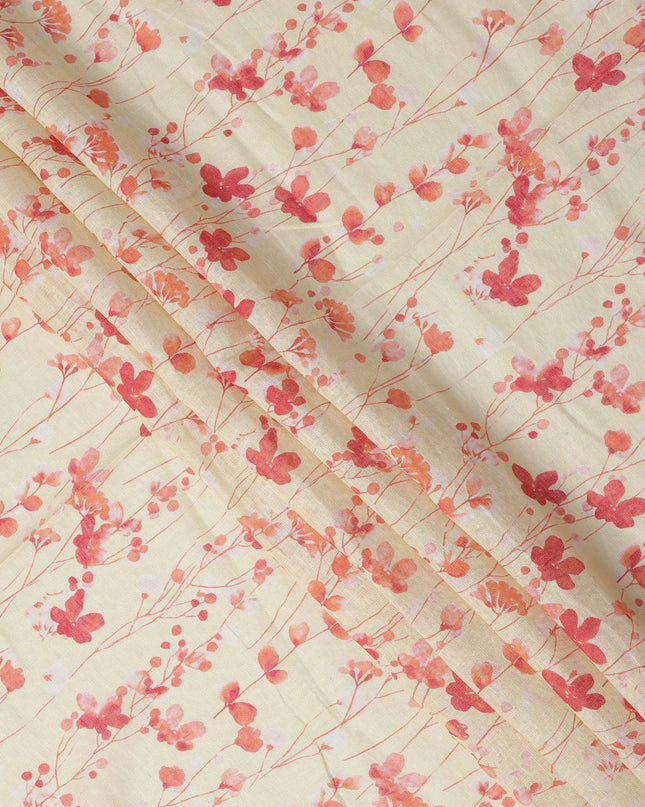 Cream Peach Floral Vine Watercolor Print Blended Linen Fabric, 110 Cms Width, Made in India-D26176
