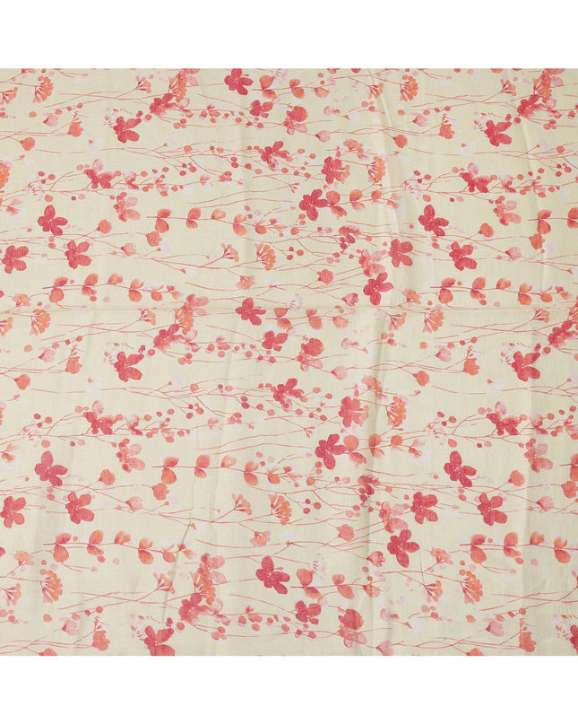 Cream Peach Floral Vine Watercolor Print Blended Linen Fabric, 110 Cms Width, Made in India-D26176