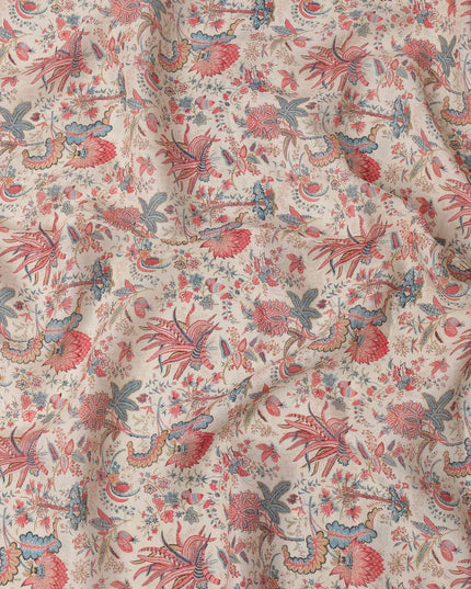 Beige Red Blue Floral Kalamkari Print Blended Linen Fabric, 110 Cms Width, Made in India-D26174