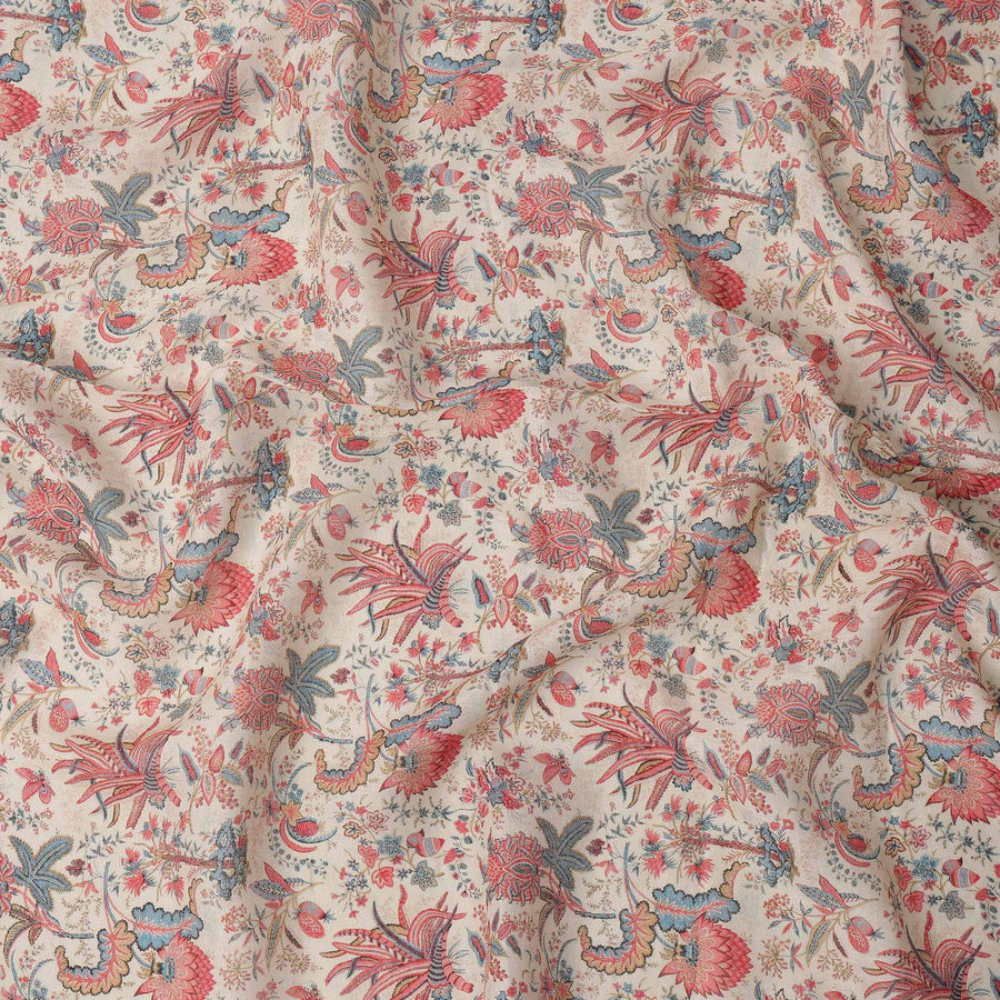 Beige Red Blue Floral Kalamkari Print Blended Linen Fabric, 110 Cms Width, Made in India-D26174