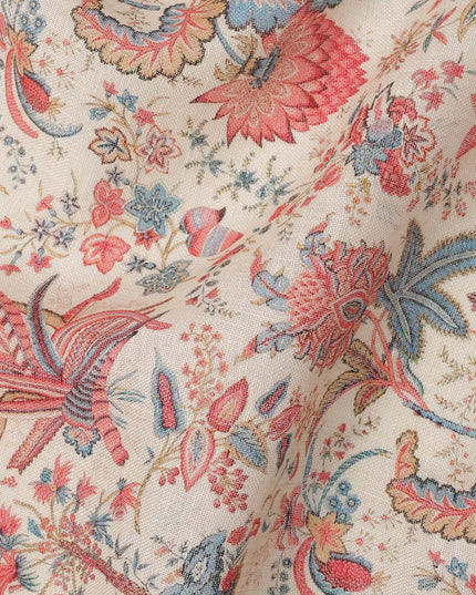 Beige Red Blue Floral Kalamkari Print Blended Linen Fabric, 110 Cms Width, Made in India-D26174