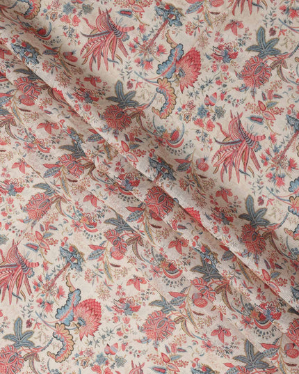 Beige Red Blue Floral Kalamkari Print Blended Linen Fabric, 110 Cms Width, Made in India-D26174